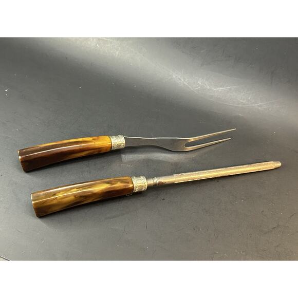 Meat Fork and Sharpener Bakelite Vintage MCM Handle Stainless Steel Greek Key - Picture 7 of 9